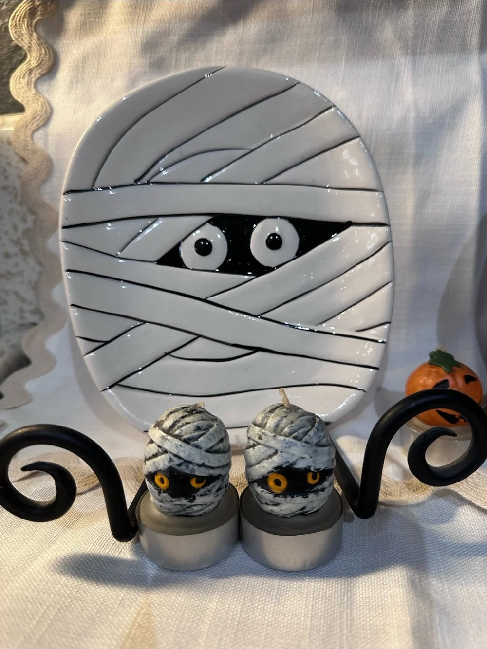 Halloween Bundle 2 Mummy Ceramic Serving Plates and Halloween Tea Lights